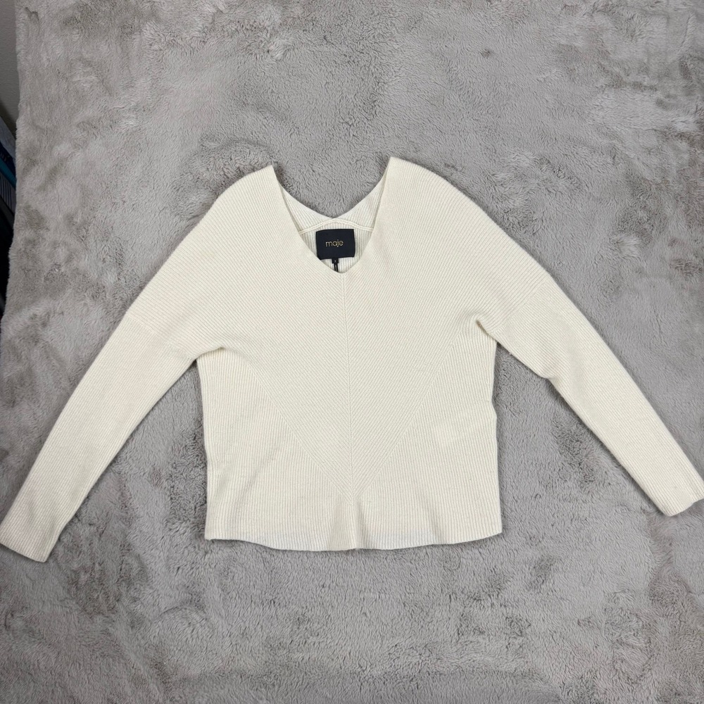 Maje Cashmere‎ Sweater V-Neck Ribbed Jumper Knit Pullover Cream Size M Designer